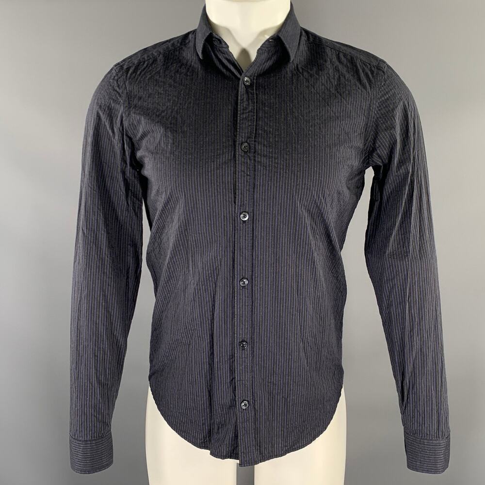 BURBERRY Size S Navy Grey Pinstripe Cotton Long Sleeve Shirt